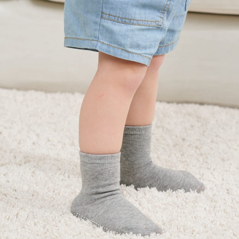 ZAPLES Baby Non Slip Grip Crew Socks with Anti Skid Soles for Infants Toddlers Kids Boys Girls, Gray, 4-7 Years - Image 3